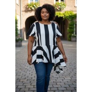 Lane Bryant Black White Stripe Asymmetrical Tunic Top Plus Size 24